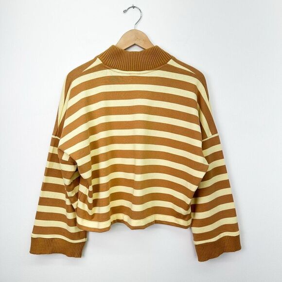 Anthropologie Maeve Women’s Yellow Tan Stripe Cotton Boxy Oversized V-Neck Top - Picture 3 of 11